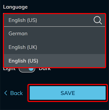 Language dropdown expanded showing German, English (UK), and English (US) options