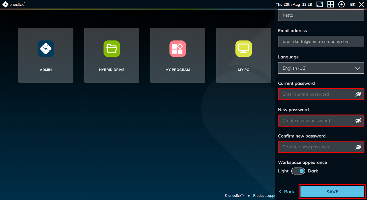 Current password, New password, and Confirm new password fields with the Save button highlighted