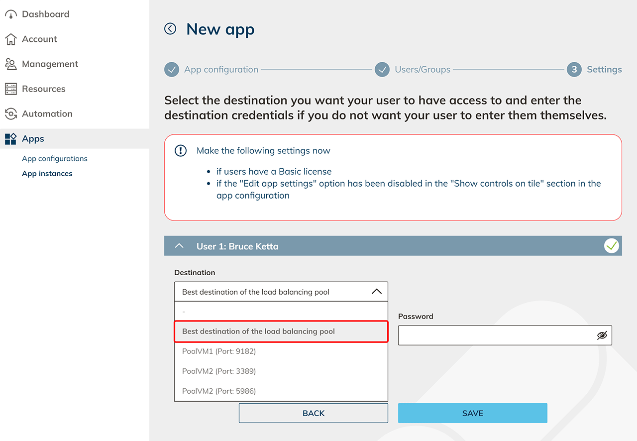 Settings of an app instance with the "Best destination of the load balancing pool" destination selected