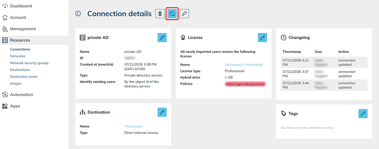 Highlighted synchronize icon in the connection detail view