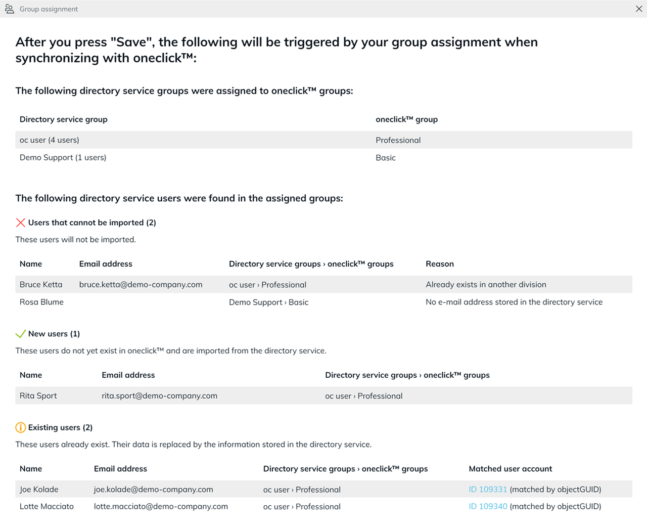 Overview of group assignment with users that cannot be imported, new users, and existing users