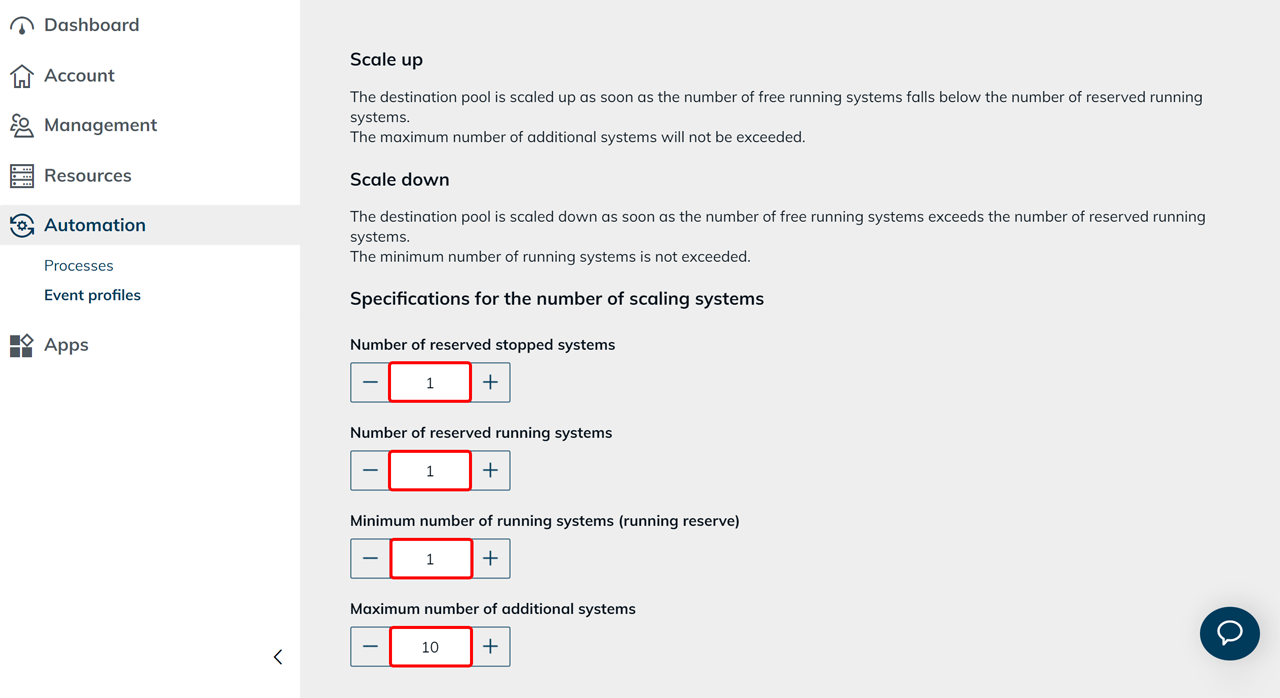 Description of scaling up and down as well as the number of reserved stopped and running systems for single user