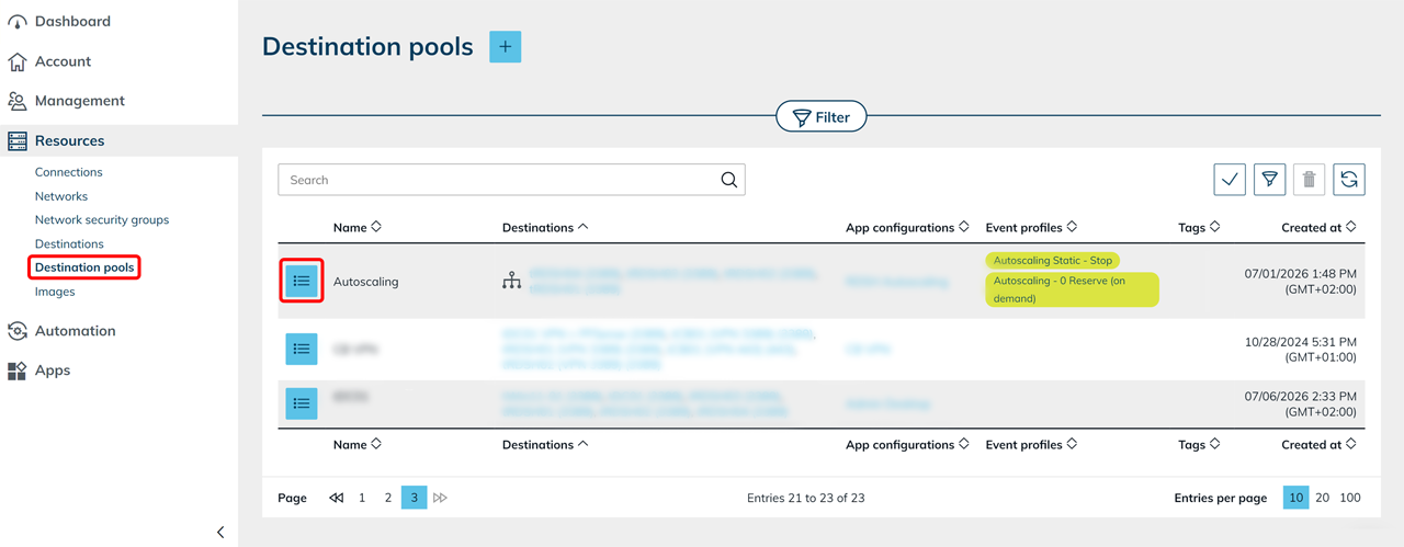 Destination pools list with the List icon highlighted for the Autoscaling pool