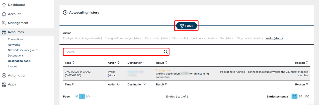 Expanded filter menu with action filters and the highlighted search field in the autoscaling history