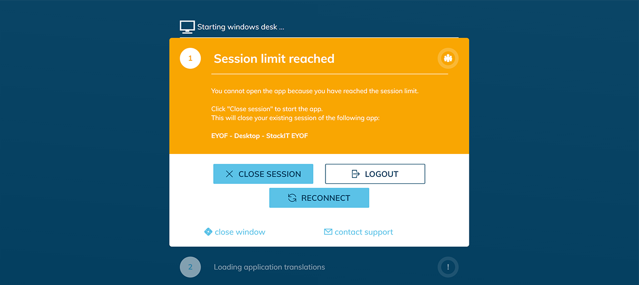 Session limit reached error message at step 1 with the Close Session, Logout, and Reconnect buttons