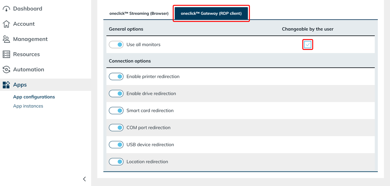 Settings for oneclick™ Gateway