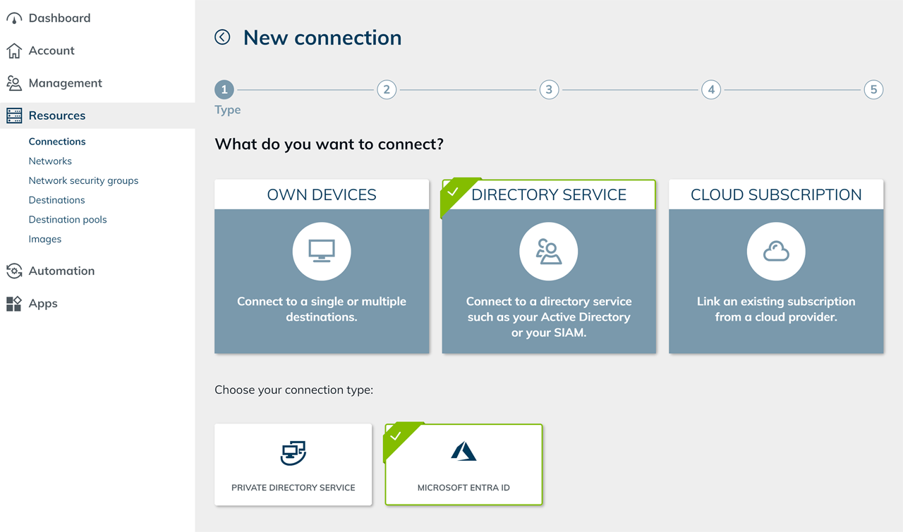 New connection wizard with Directory service and Microsoft Entra ID selected as connection type