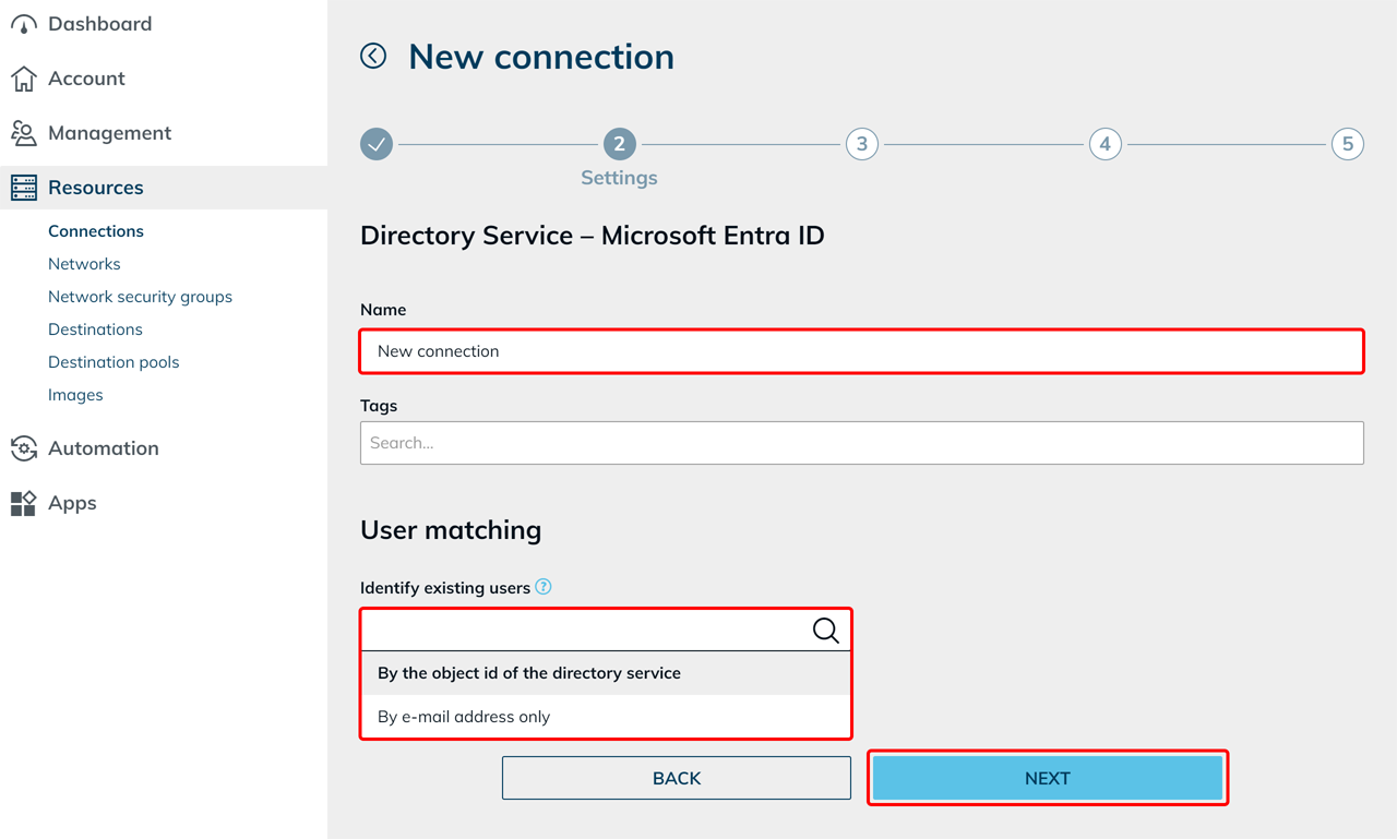 New connection settings step with the Identify existing users field and the Next button highlighted
