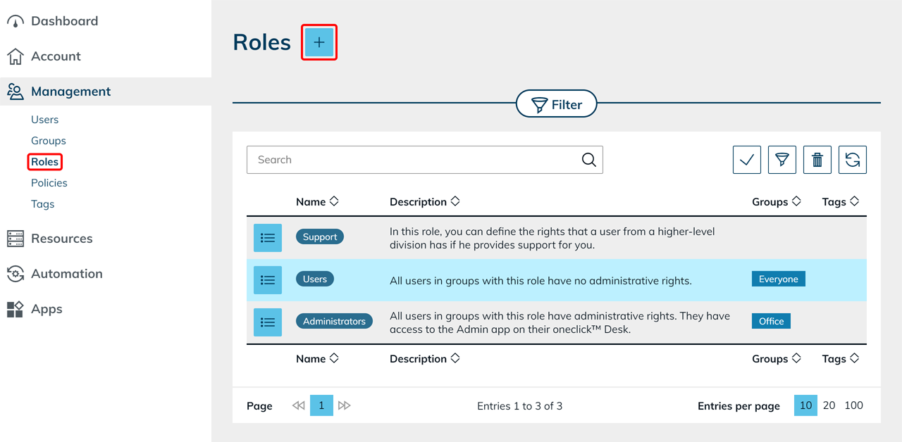 Plus icon for creating a new role on the Roles page