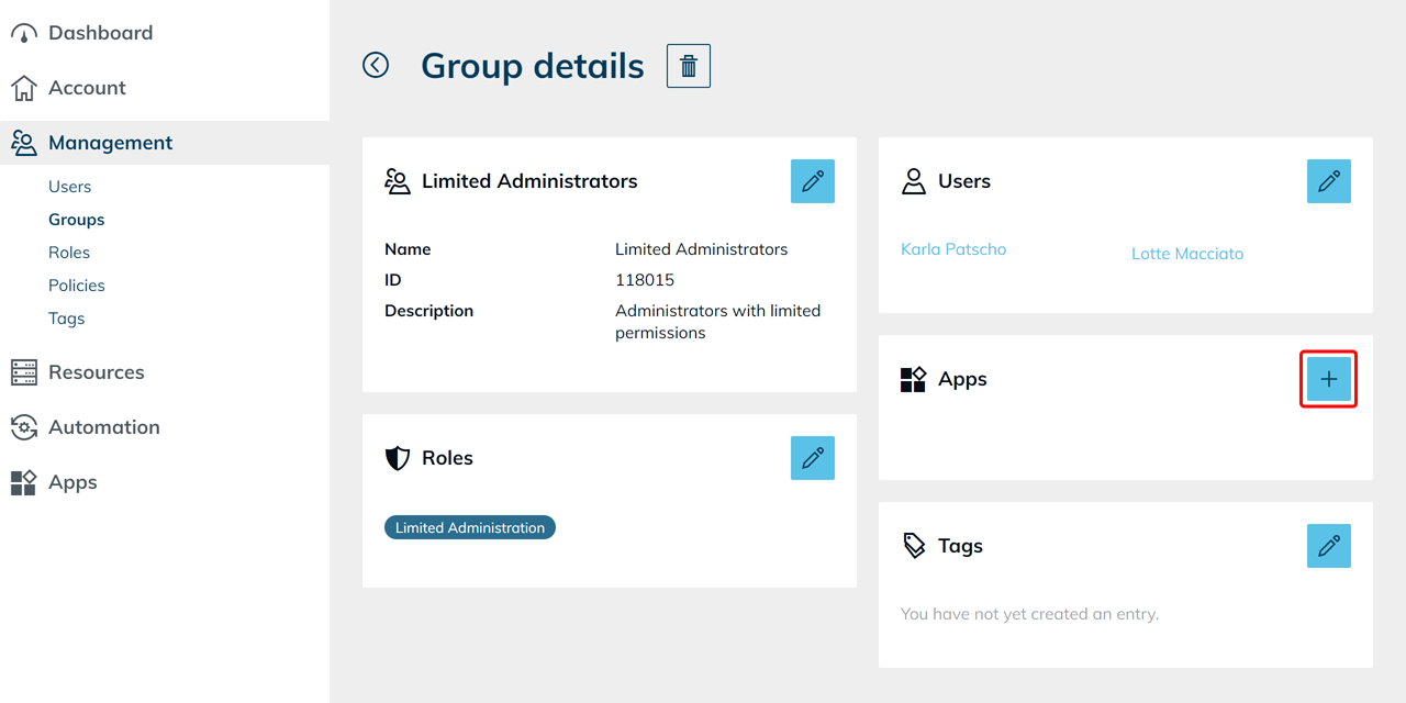 Group details page with the plus icon highlighted in the Apps tile