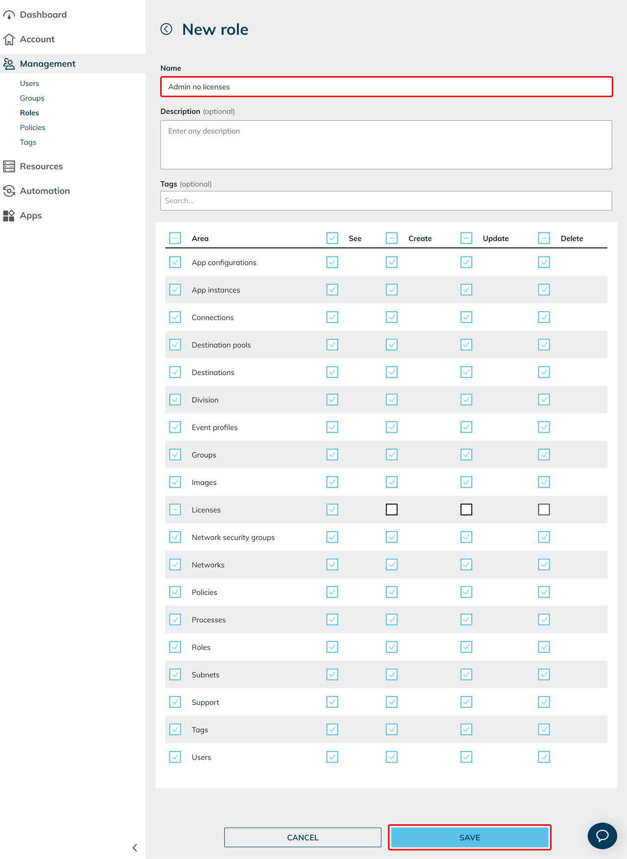 Dialog for creating a new role with role name and permissions table for different areas