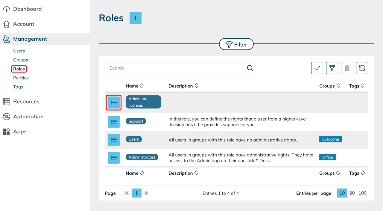 List icon in the role row on the Roles page