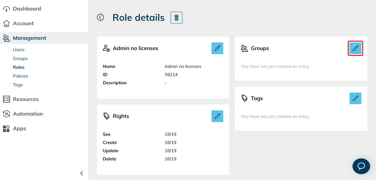Role details page with the edit icon highlighted in the "Groups" field