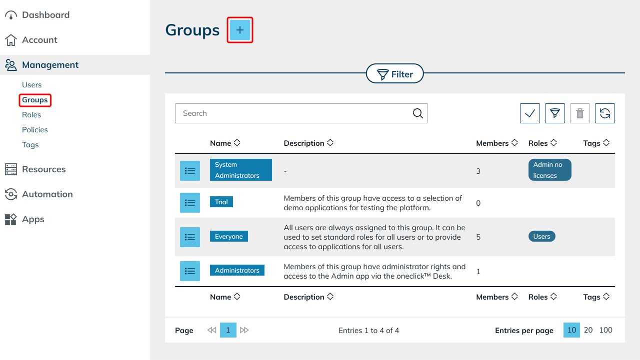Plus icon for creating a new group on the Groups page