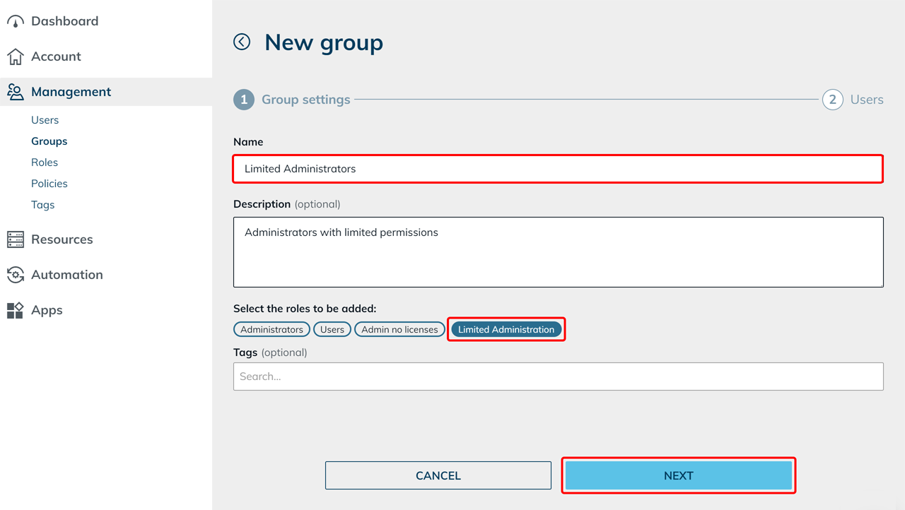 Dialog "New Group" with group name and role selection and a Next button