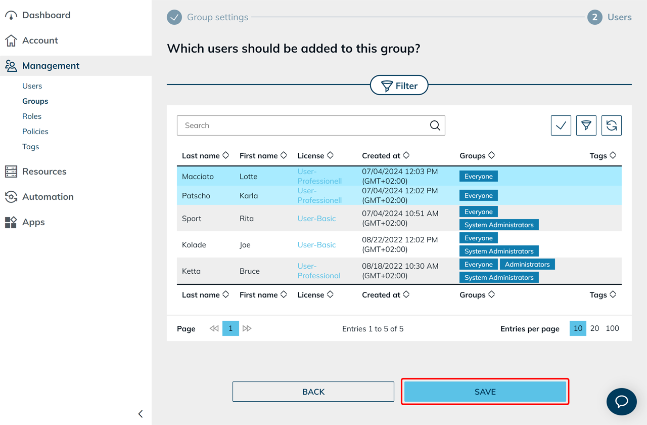 Dialog for user selection with a list of available users and a Save button