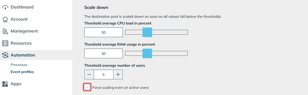 Enabled "Force scaling even on active users" option in the scale down settings