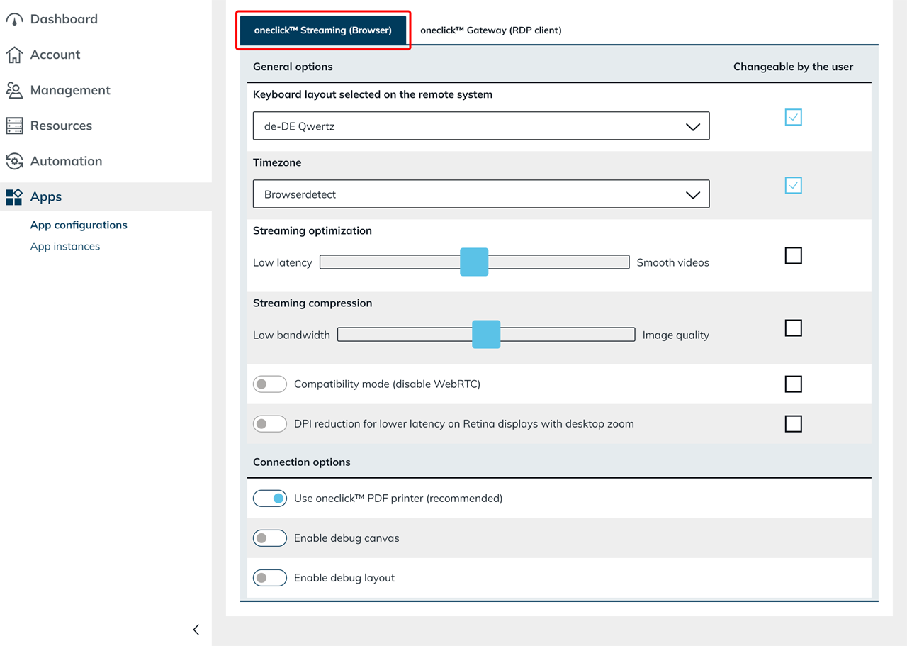 Settings for oneclick™ Streaming