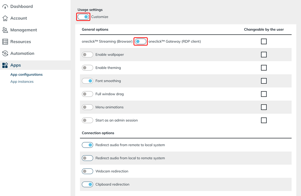 Usage settings with connection mode selection