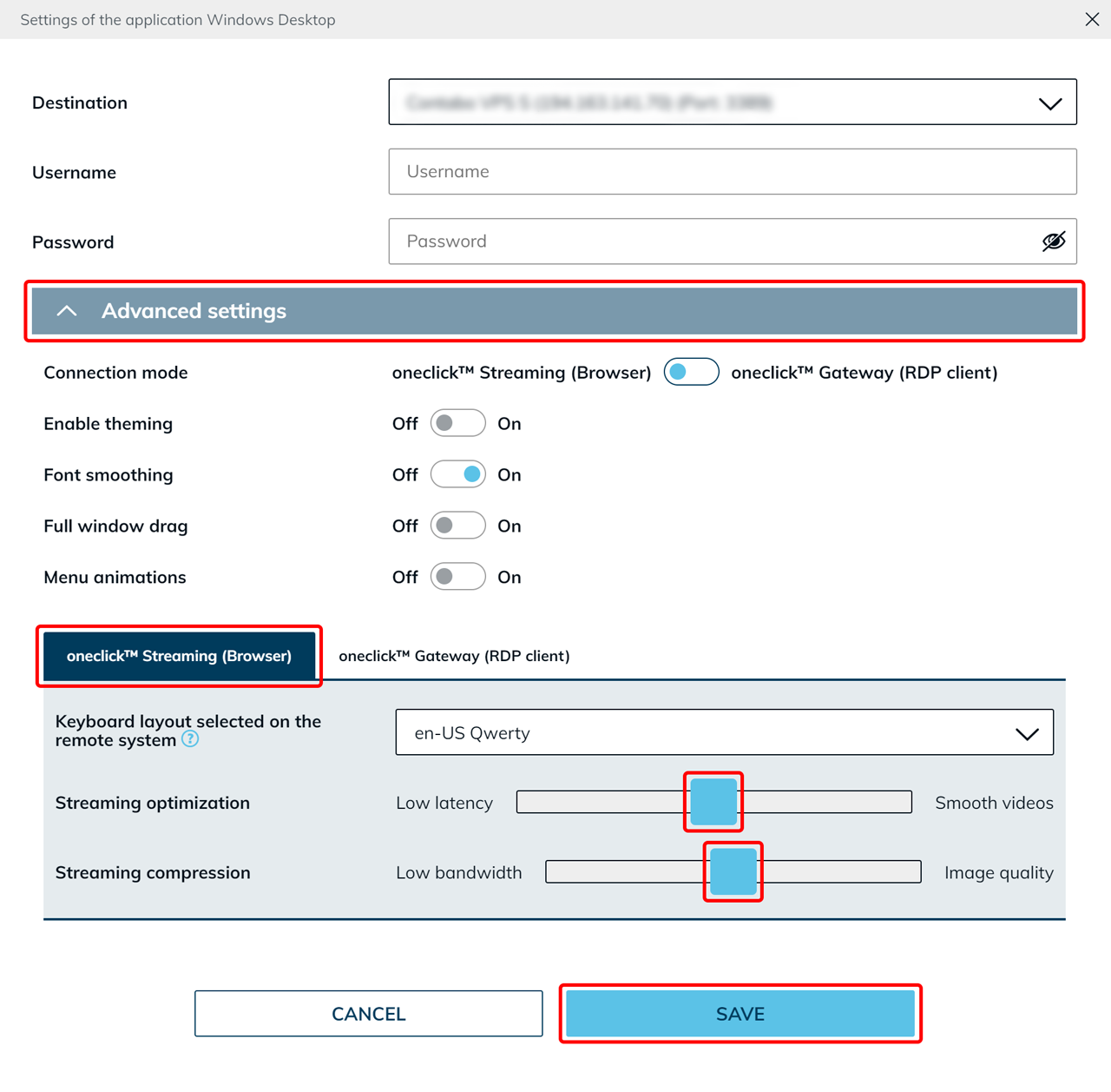 Advanced settings with the oneclick™ Streaming (Browser) tab open, showing the Streaming optimization and Streaming compression sliders and the highlighted Save button