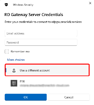 Windows Security dialog for RD Gateway Server Credentials with Use a different account highlighted