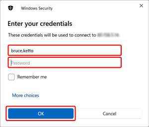 Windows Security dialog with fields for the remote system username and password