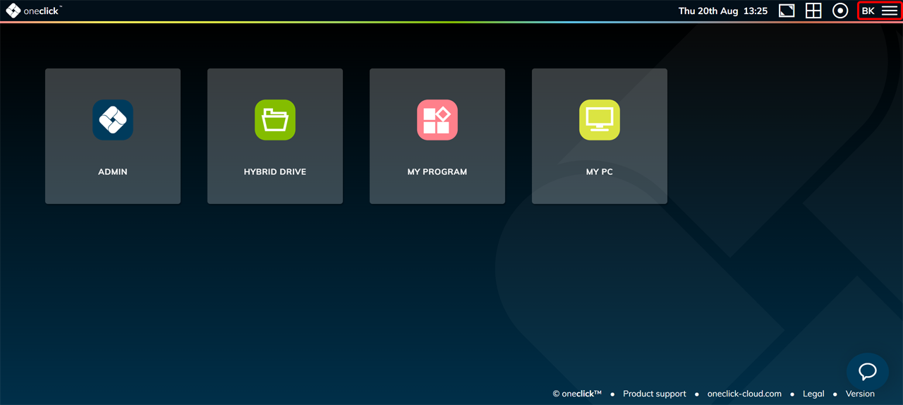Menü-Symbol oben rechts im oneclick™ Dashboard hervorgehoben