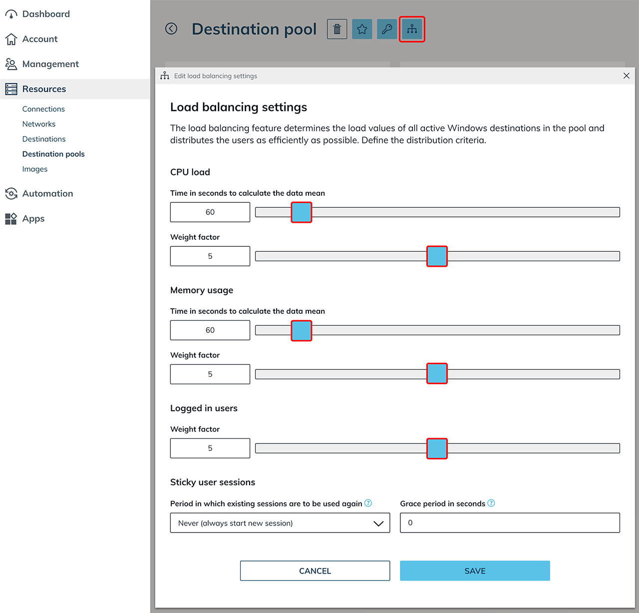 Load-Balancing-Einstellungen für Mehrfachbelegung mit Gewichtungsfaktoren für CPU-Auslastung, Arbeitsspeicher-Belegung und angemeldete Benutzer