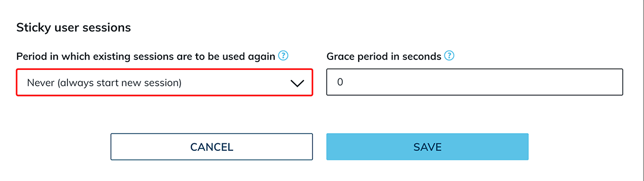 Bereich „Sticky user sessions“ mit markiertem Drop-down-Feld „Period in which existing sessions are to be used again“