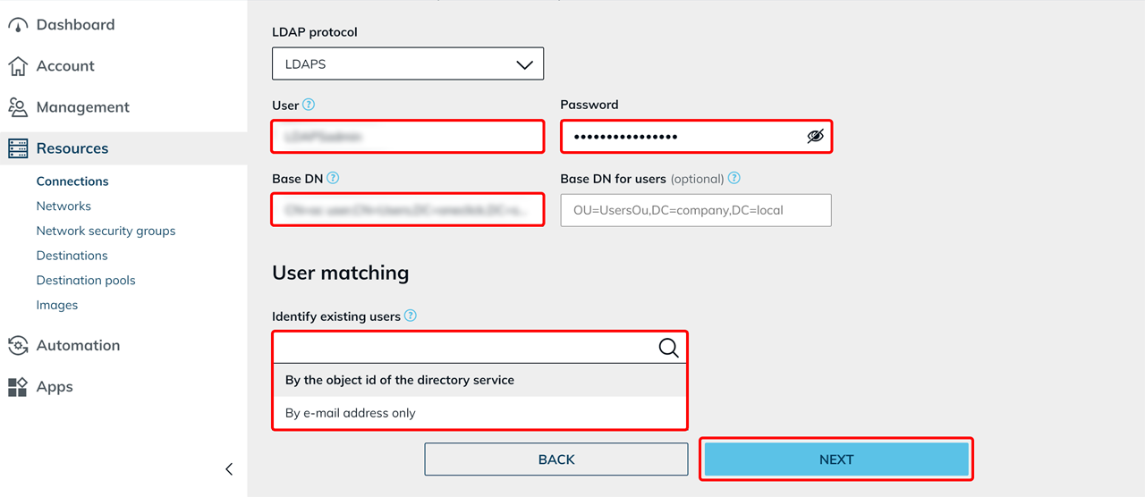 Einstellungen-Schritt der neuen Anbindung mit hervorgehobenen Feldern „Benutzer“, „Passwort“ und „Basis-DN“, geöffnetem Dropdown „Vorhandene Benutzer erkennen“ und hervorgehobener Schaltfläche „Weiter“