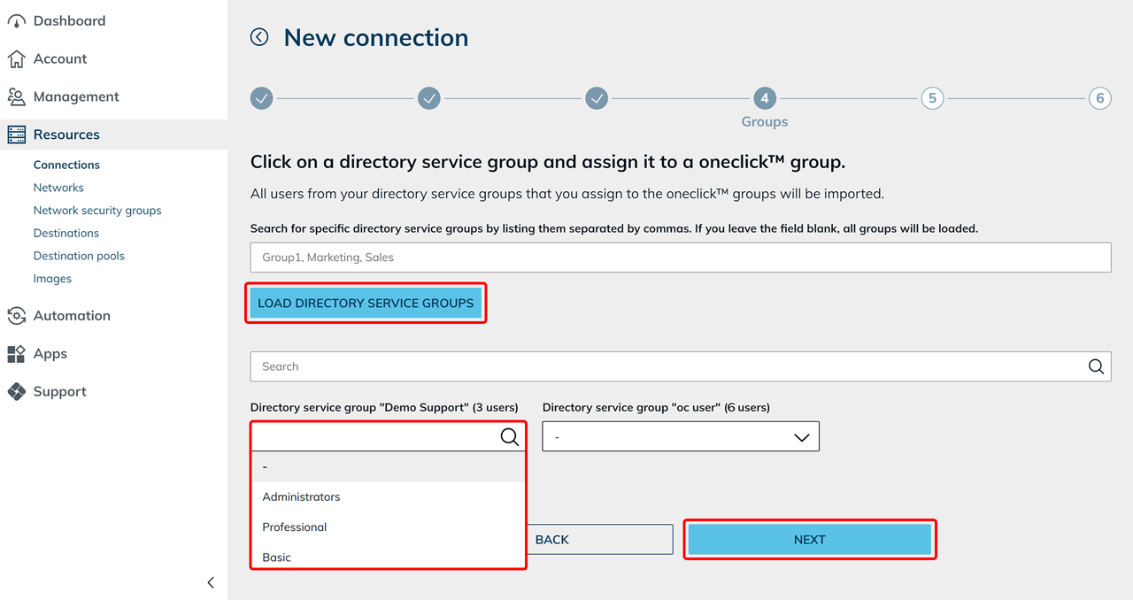 Gruppen-Schritt der neuen Anbindung mit hervorgehobener Schaltfläche „Verzeichnisdienst-Gruppen laden“, geöffnetem Zuordnungs-Dropdown und hervorgehobener Schaltfläche „Weiter“