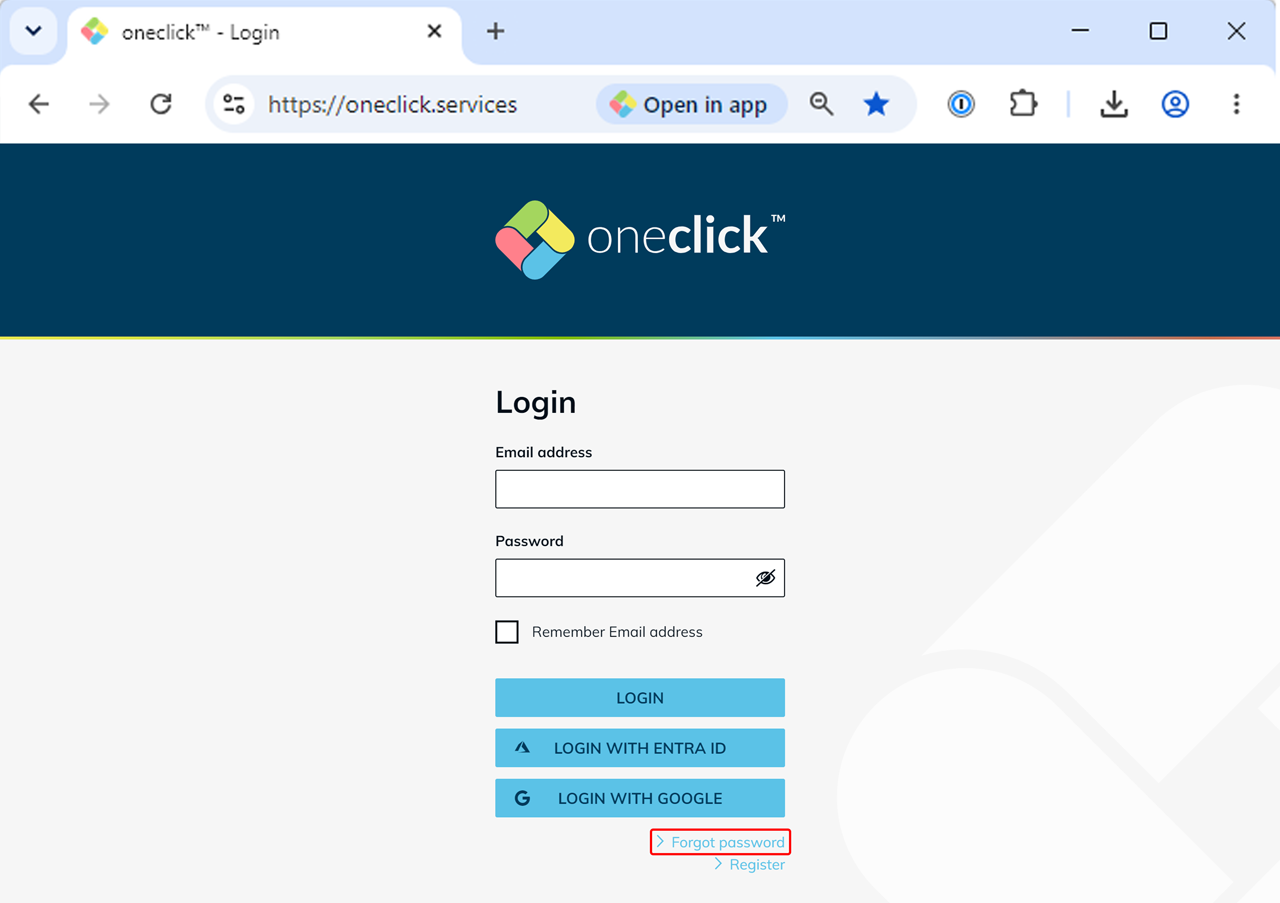 oneclick™-Anmeldeseite mit E-Mail- und Passwort-Feldern sowie dem Link „Passwort vergessen" in rot hervorgehoben