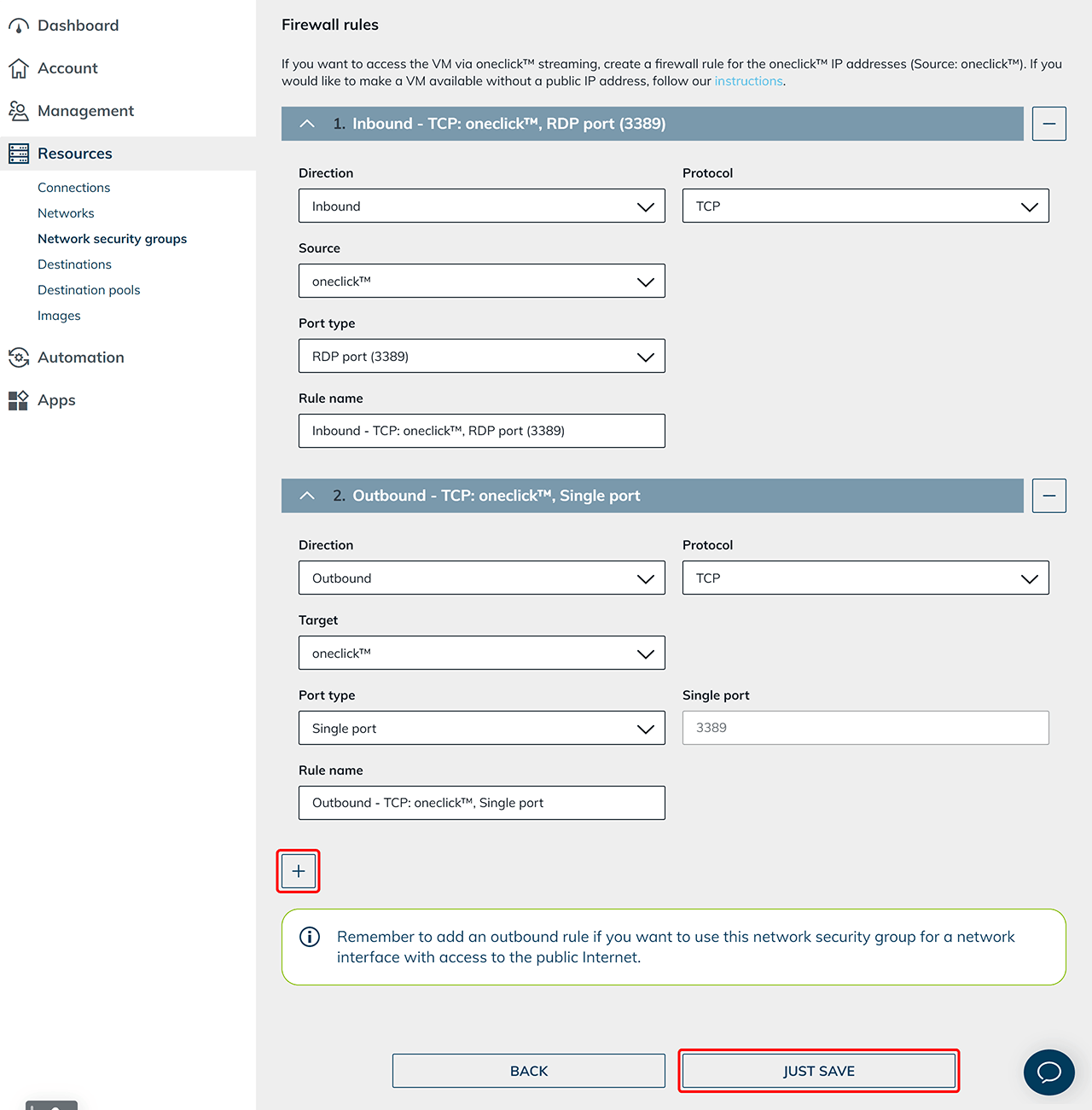 Firewallregeln für eingehenden und ausgehenden RDP-Zugriff über oneclick™