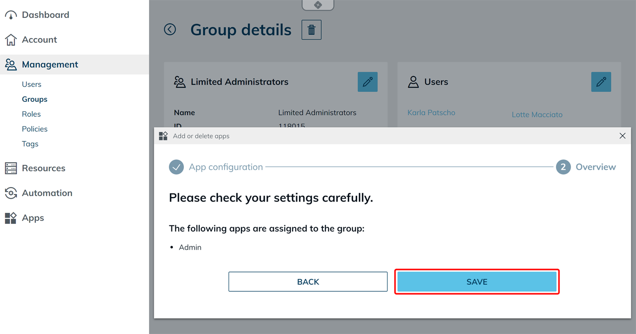 Bestätigungsdialog mit der zugewiesenen App „Admin" für die Gruppe „Limited Administrators"