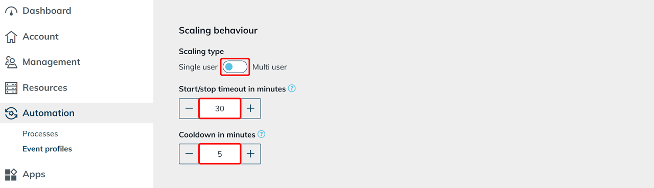 Skalierungsverhalten mit ausgewähltem „Single user"-Modus und markierten Feldern „Start/stop timeout in minutes" und „Cooldown in minutes"