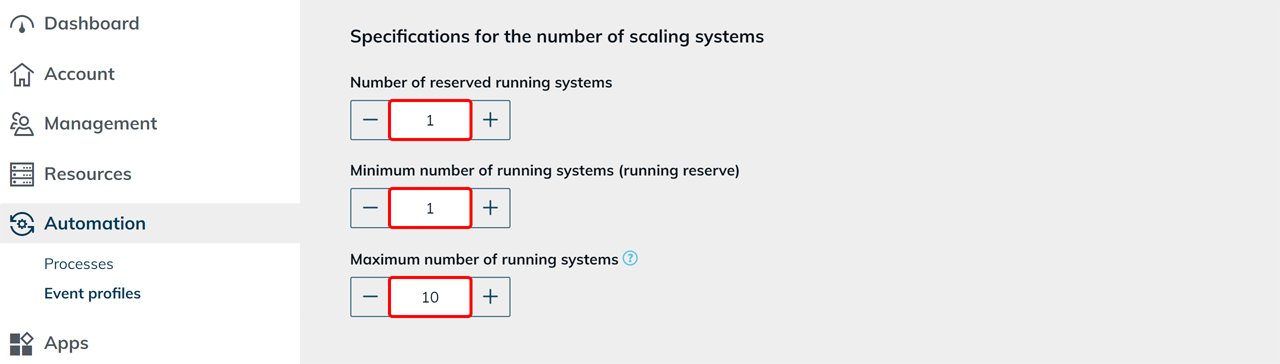 Vorgaben für die Anzahl laufender Systeme mit den Feldern „Number of reserved running systems", „Minimum number of running systems (running reserve)" und „Maximum number of running systems"