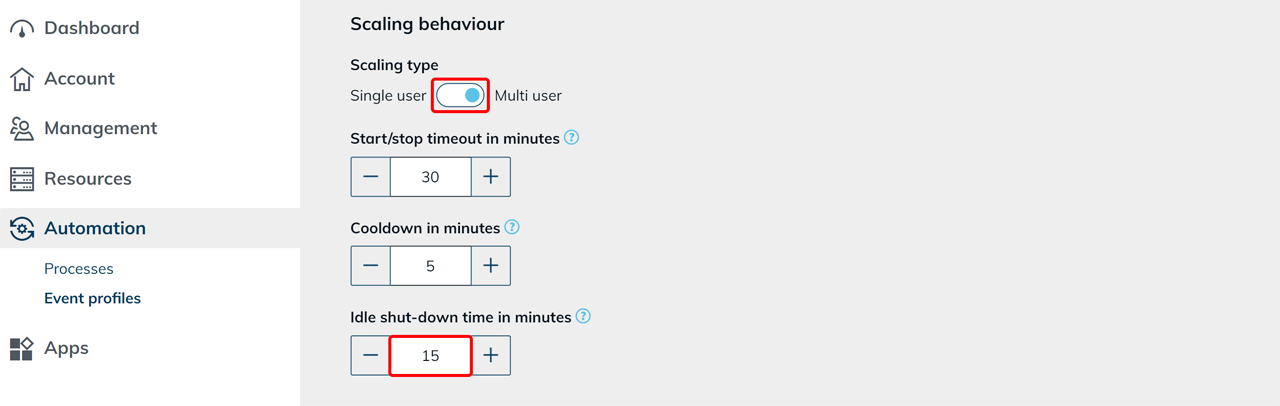 Skalierungsverhalten mit ausgewähltem „Multi user"-Modus und markiertem Feld „Idle shut-down time in minutes"