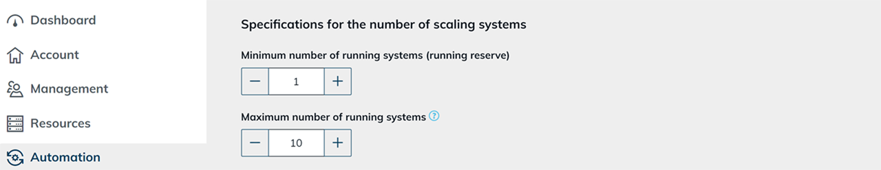 Vorgaben für die Anzahl laufender Systeme mit den Feldern „Minimum number of running systems (running reserve)" und „Maximum number of running systems"