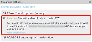 Streaming-Einstellungen mit Status „Inactive Smooth video playback (WebRTC)" und Hinweis zur erforderlichen Firewall-Freigabe